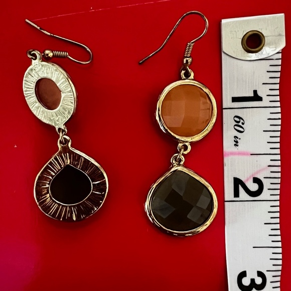 Loft Drop Earrings. Pink and green stone in a gold tine setting. - Picture 3 of 4